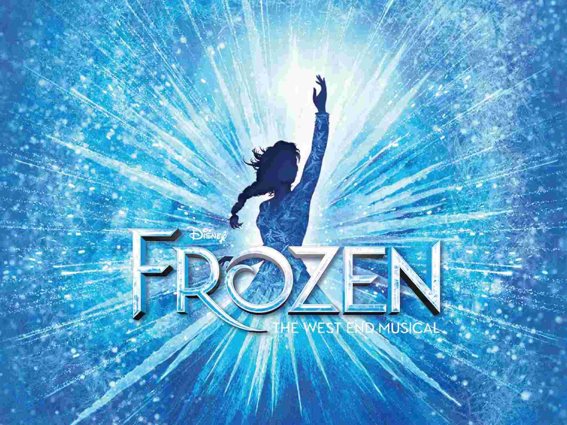 Blue promotional artwork for Disney’s Frozen: The West End Musical, featuring a silhouetted figure reaching upward against a burst of icy light and snowflake patterns.