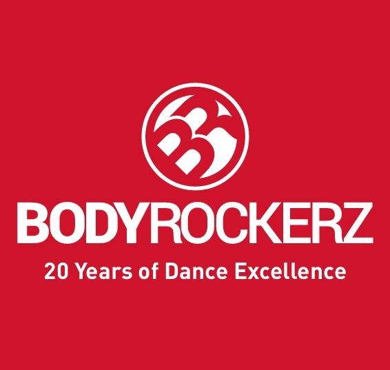 Bodyrockerz logo on a red background with a white circular emblem above the text "BODYROCKERZ" and the tagline "20 Years of Dance Excellence".