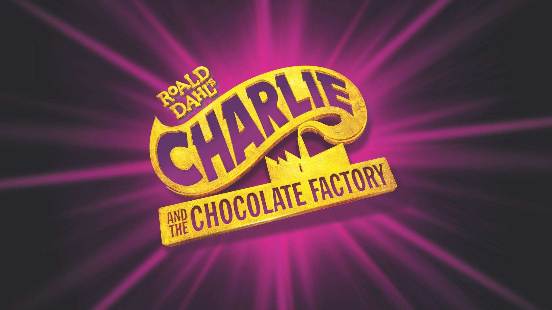 Bright and colourful logo for Roald Dahl's Charlie and the Chocolate Factory. The title is in bold, stylised yellow and purple text with a golden ticket design, set against a vivid purple starburst background on black.