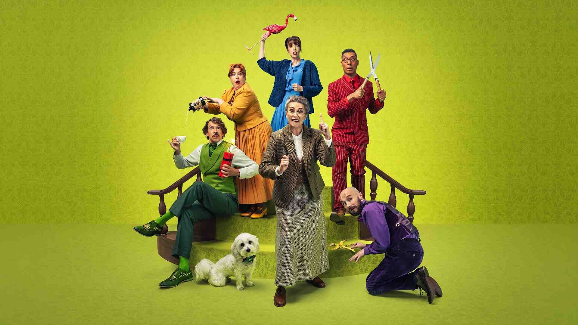 Promotional image for Murder, She Didn’t Write: The Improvised Murder Mystery, featuring six colourful characters and a small white dog posed dramatically on green stairs against a bright green patterned background.