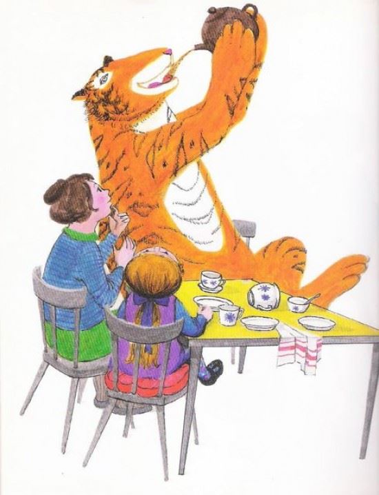 Illustration of a large orange tiger sitting at a table, drinking from a teapot, while two children sit beside it with cups and plates set out for tea.