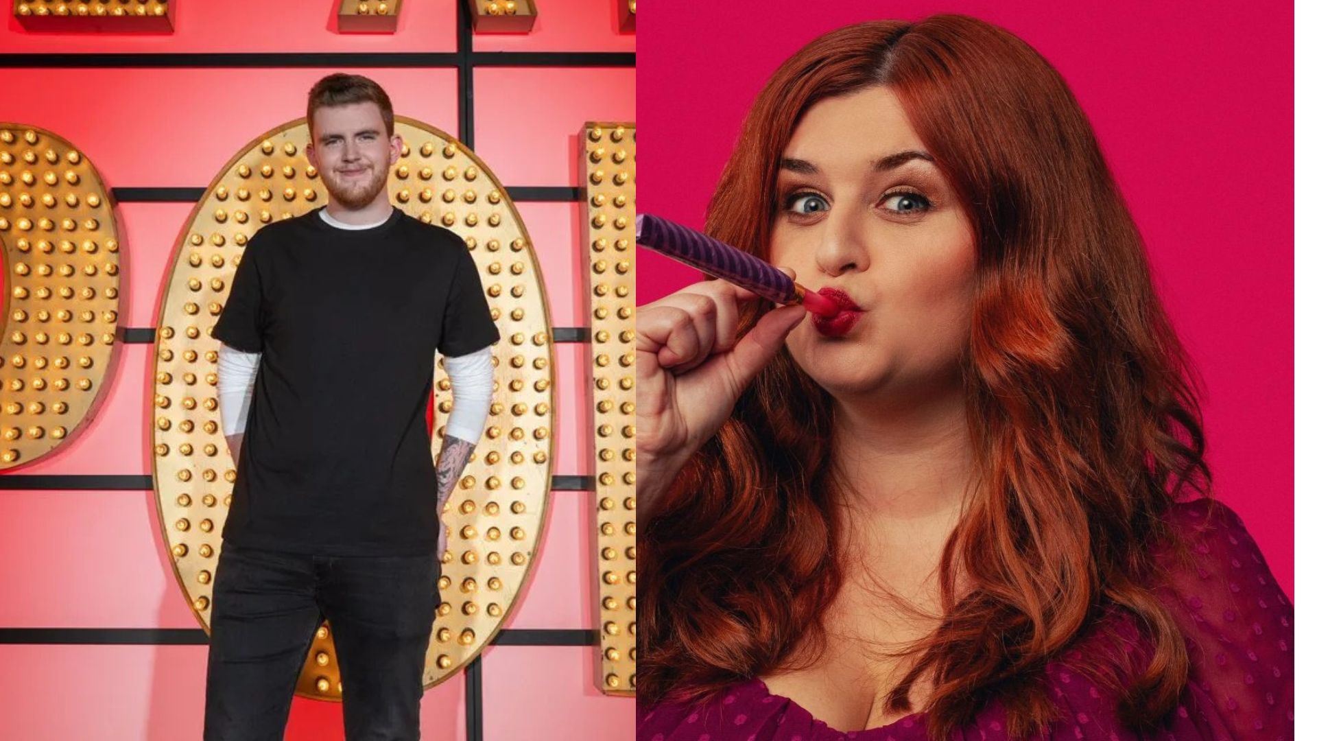Split-screen promotional image featuring two comedians. On the left, a performer stands in front of illuminated comedy club signage, wearing a black T-shirt and smiling at the camera. On the right, a red-haired performer poses against a bright pink background while blowing a party horn and looking playfully towards the viewer.