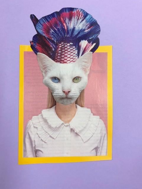Surreal collage of a person with a white cat’s head with mismatched blue and green eyes, wearing a ruffled blouse and a colourful feathered headdress, set against a purple background with a yellow frame.