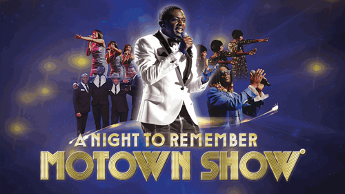 Various singers as part of A Night to Remember: Motown Show on a blue background with golden sparkles