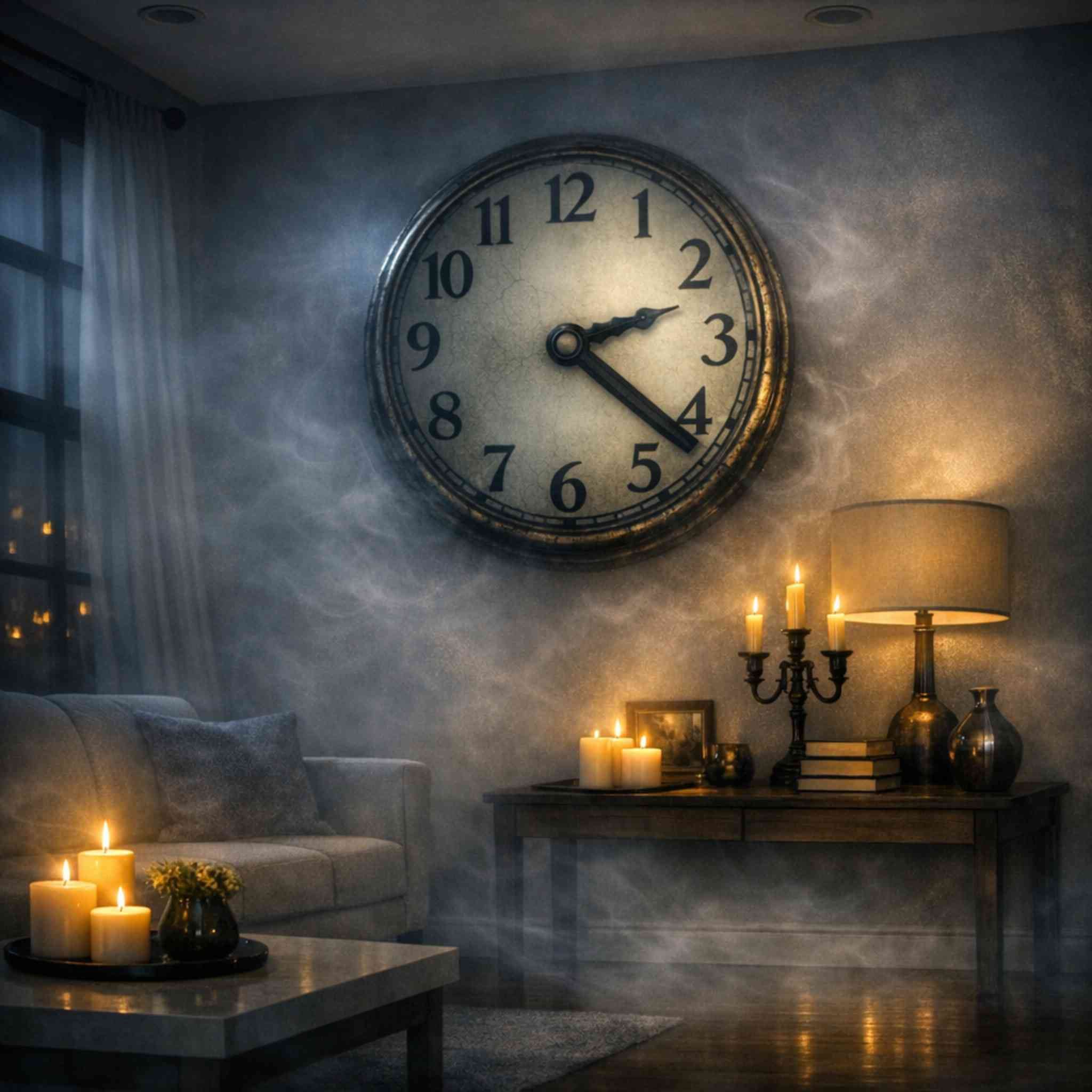 A moody living room scene with a large wall clock, softly glowing candles and a table lamp, surrounded by misty light for an atmospheric, slightly eerie feel.