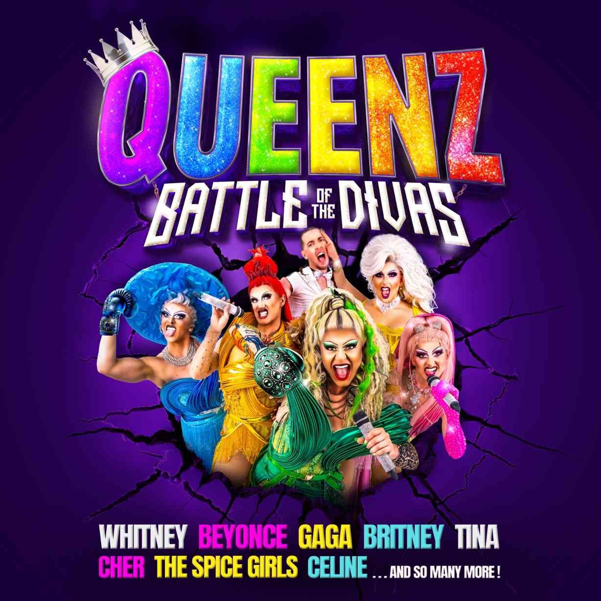 Colourful promotional poster for “Queenz: Battle of the Divas.” Five drag performers in vibrant costumes and dramatic makeup pose energetically against a cracked purple background, holding microphones and singing.
