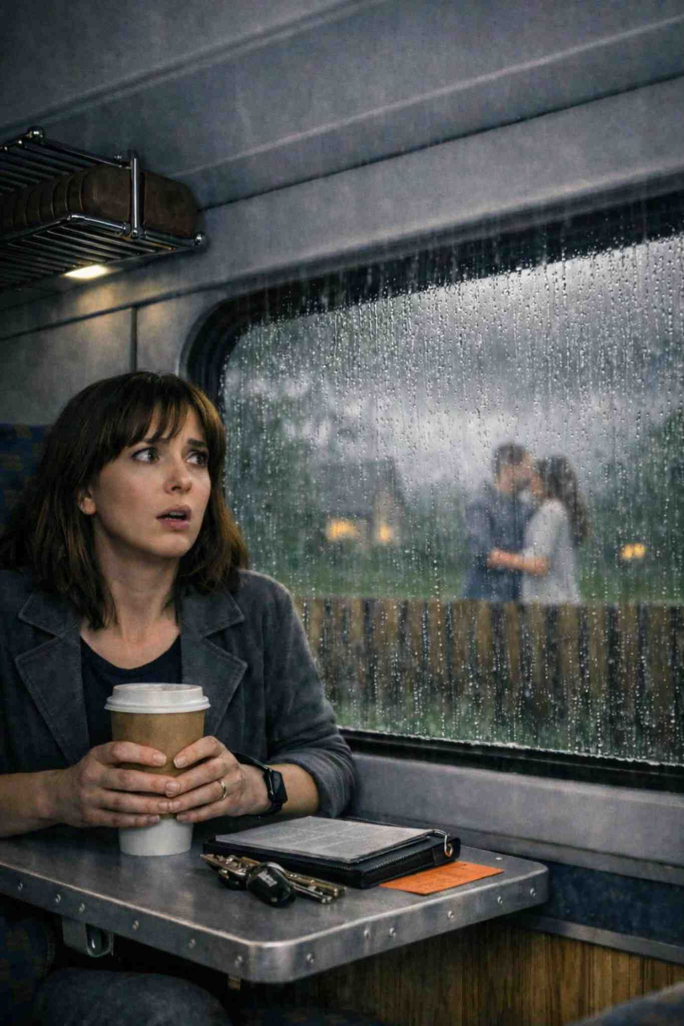 A woman sits on a train holding a takeaway coffee, looking anxious as she glances away from a rain-streaked window where a couple can be seen embracing outside.