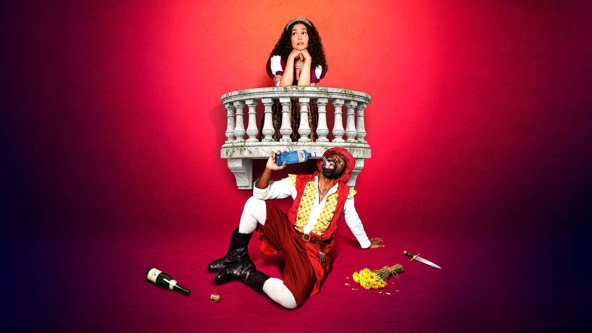 A theatrical promotional image showing a woman leaning over a stone balcony while a man in a red Renaissance-style costume sits below drinking from a bottle. A bouquet of flowers, a discarded bottle and a dagger lie on the floor against a bright pink background.
