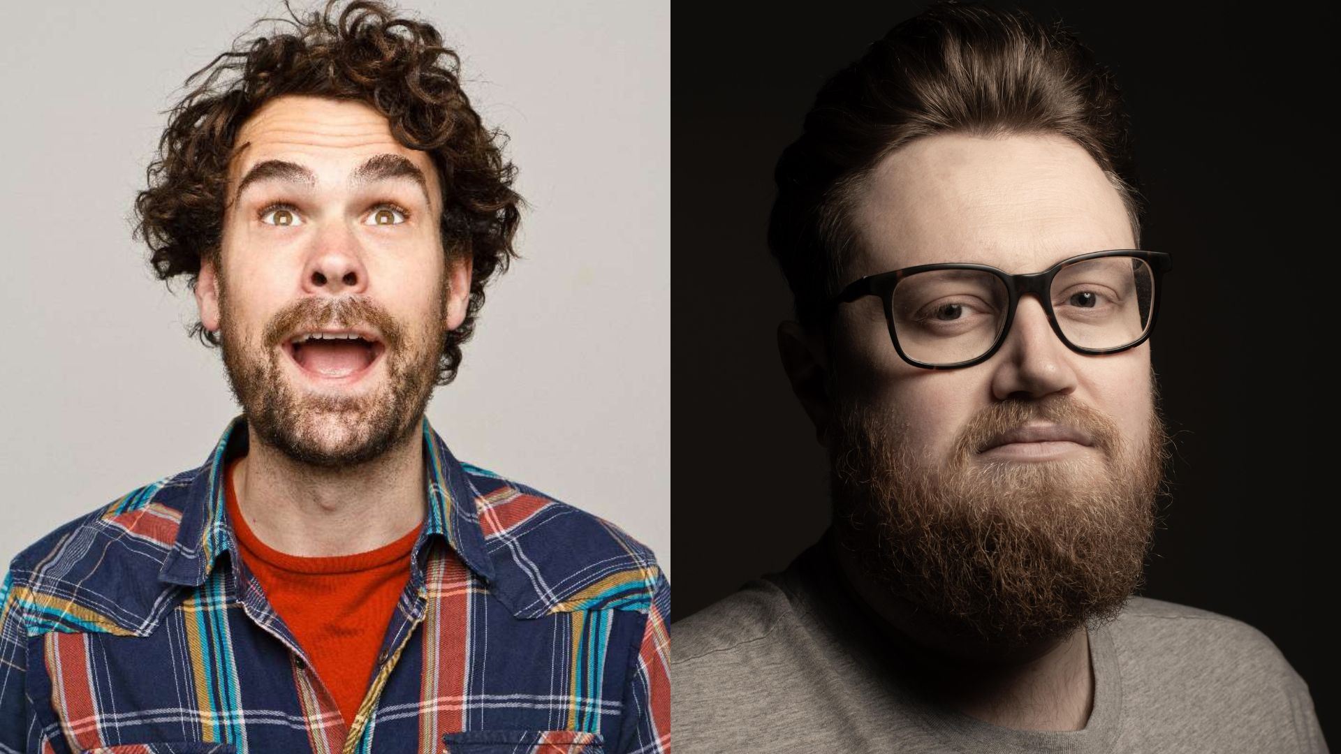 A split image showing two men: on the left, a man with curly hair, a beard and a colourful checked shirt with an animated expression; on the right, a man with glasses, a beard and a neutral expression wearing a grey shirt.