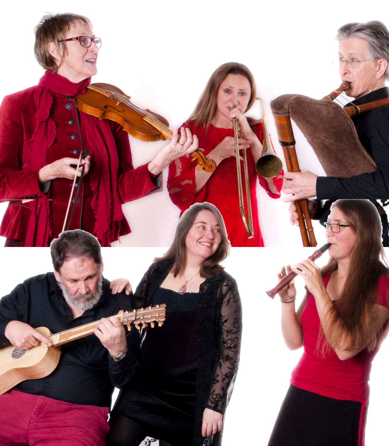 A group of six musicians performing with early instruments. One plays a violin, another a trombone, another a bagpipe, one strums a lute-like instrument, one plays a recorder, while another singer stands smiling among them. They are dressed in red and black clothing against a white background