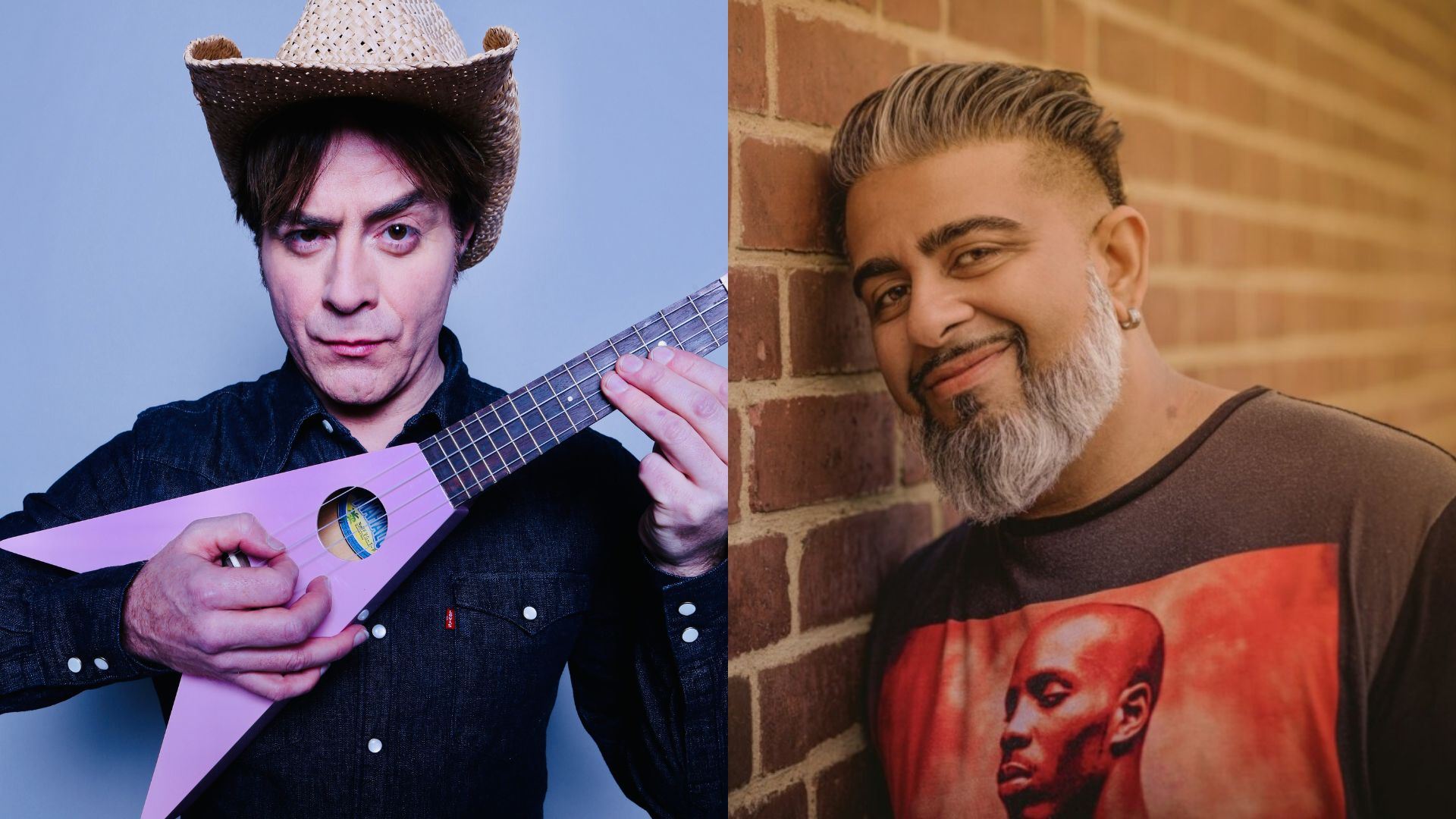 Split-screen promotional image featuring two performers. On the left, a person wearing a cowboy hat plays a pink triangular guitar against a light blue background. On the right, a smiling person with a grey beard and styled hair leans against a brick wall, wearing a graphic T-shirt. Both look directly at the camera.