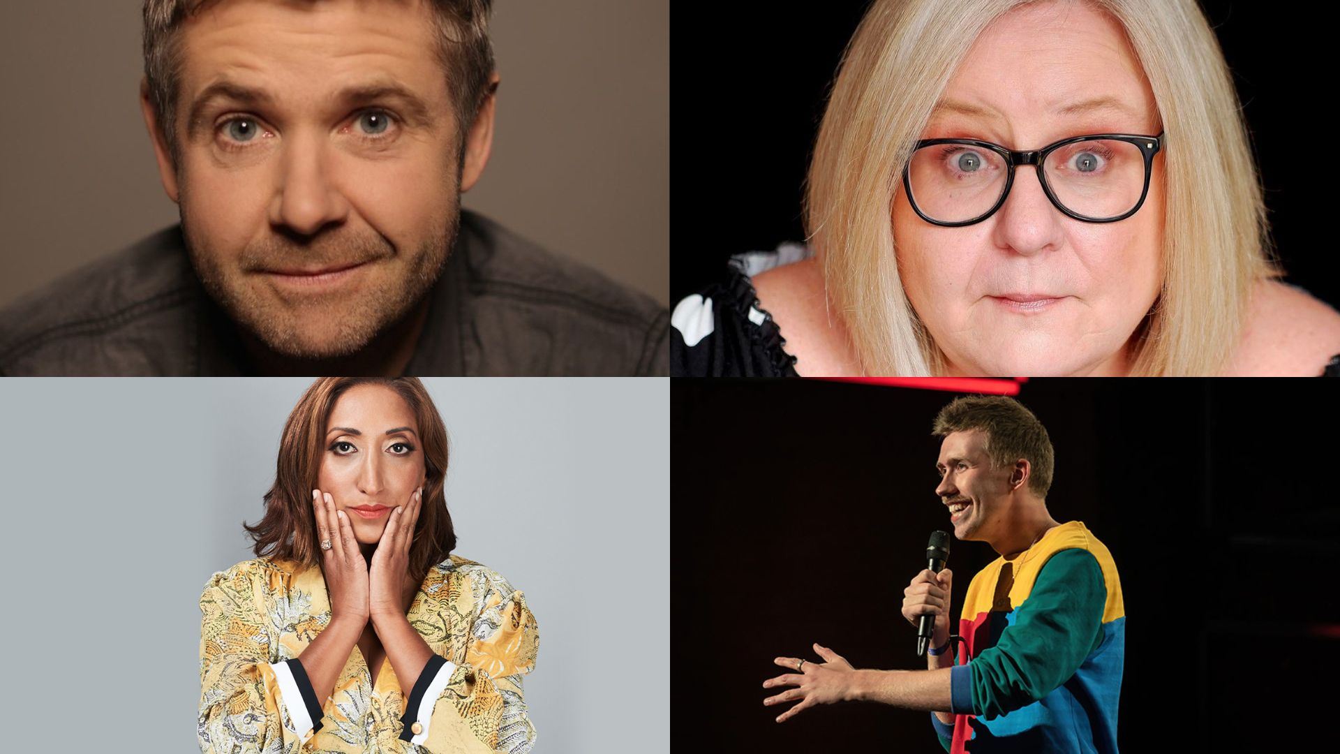 A collage of four comedians. Top left: A man with short hair and a slight smile, wearing a dark shirt. Top right: A woman with blonde hair, black-framed glasses, and a surprised expression. Bottom left: A woman with shoulder-length brown hair wearing a patterned yellow jacket, resting her face in her hands. Bottom right: A man performing on stage with a microphone, wearing a colourful sweatshirt, smiling as he gestures with his hand.