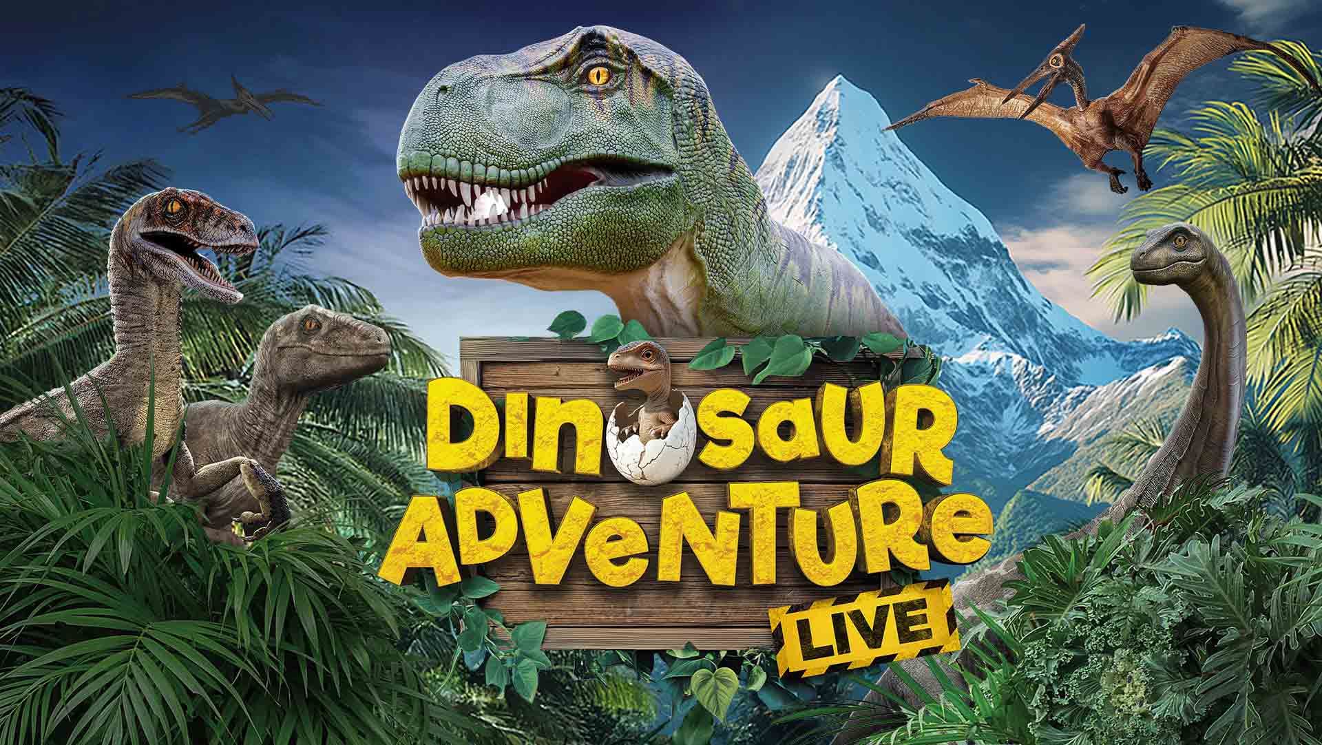 Artwork Dinosaur Adventure Live featuring animated dinosaurs including a T. rex, raptors, and a pterodactyl in a jungle with mountains