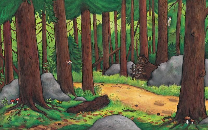 A colourful illustrated forest scene with tall, straight pine trees and a winding dirt path running through the centre. Large grey rocks and fallen logs are scattered along the forest floor, with patches of grass, mushrooms, and small plants adding detail.