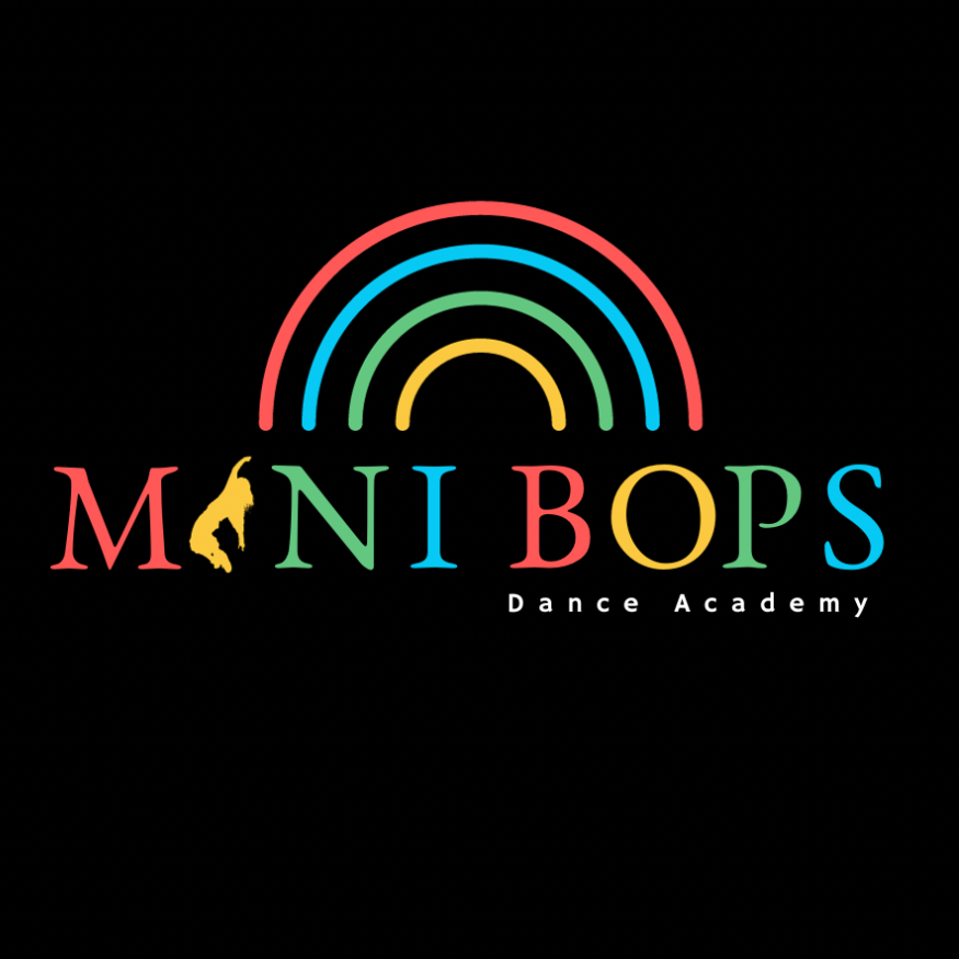 Logo for Mini Bops Dance Academy featuring colourful text with a dancer silhouette and a rainbow graphic above on a black background.