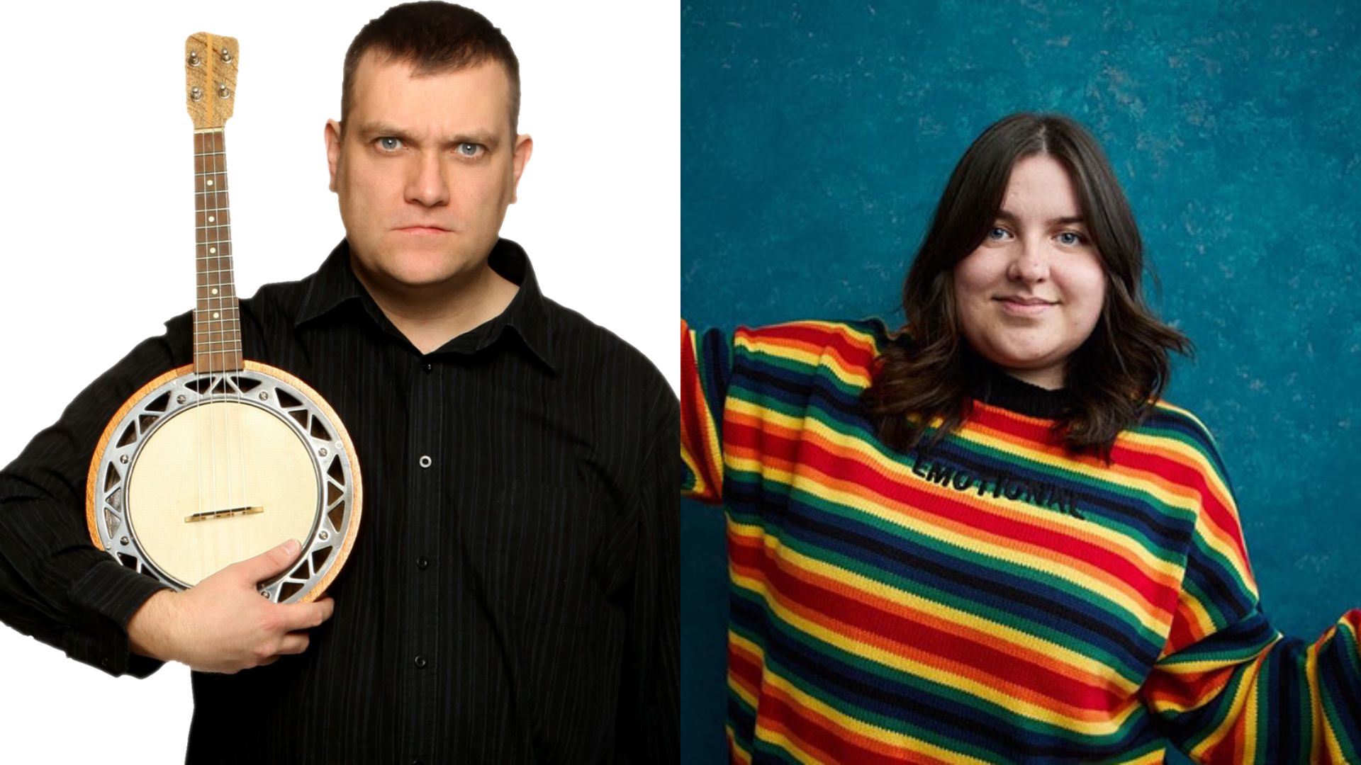 Split-screen promotional image featuring two comedians. On the left, a serious-looking performer in a black shirt holds a banjo against a plain white background. On the right, a smiling performer wearing a brightly coloured rainbow-striped jumper poses against a textured blue backdrop.