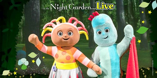 In the Night Garden characters Upsy Daisy and Igglepiggle in full life-size costumes.