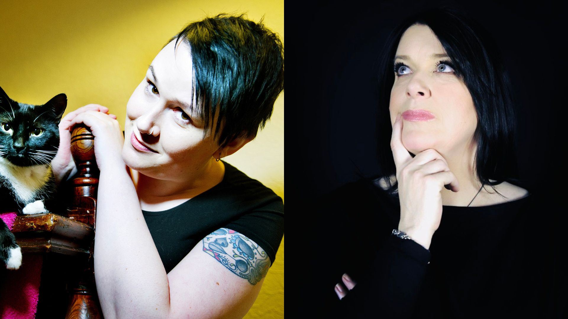 Promotional image featuring two comedians side by side. One poses with a black-and-white cat against a yellow background, while the other looks thoughtfully upward against a black backdrop.