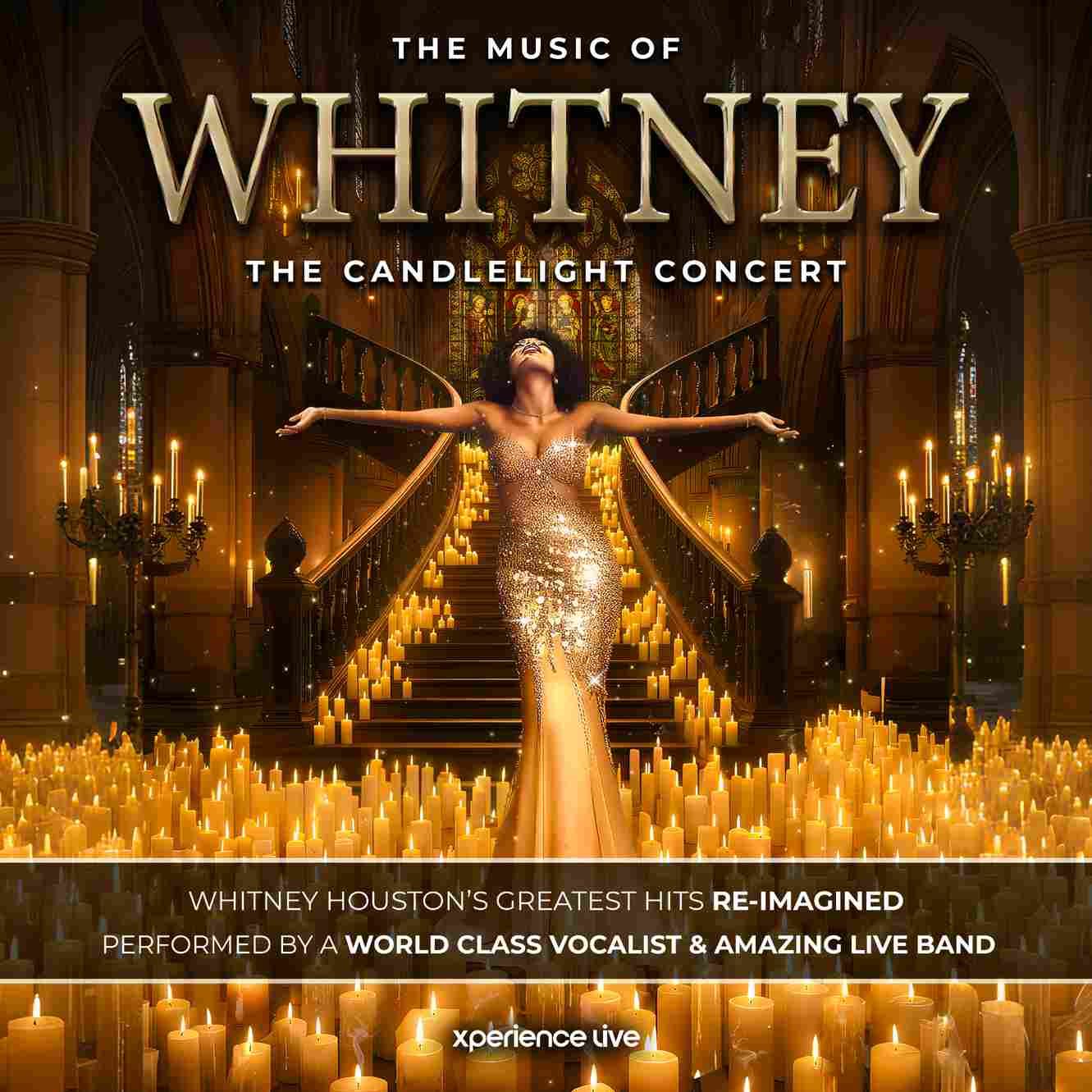 “Concert poster showing a singer in a gold gown on a candlelit staircase in a grand hall, promoting The Music of Whitney: The Candlelight Concert.”