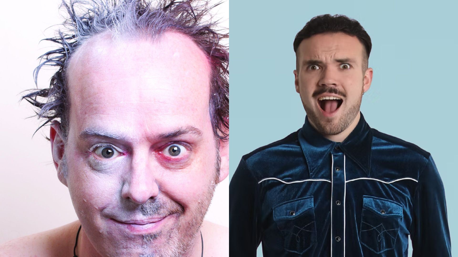 Split-screen promotional image featuring two comedians. On the left, a performer with spiky hair and a playful wide-eyed expression poses against a light background. On the right, a performer with a moustache stands with hands in pockets, wearing a dark blue shirt and with his mouth open against a plain grey backdrop.