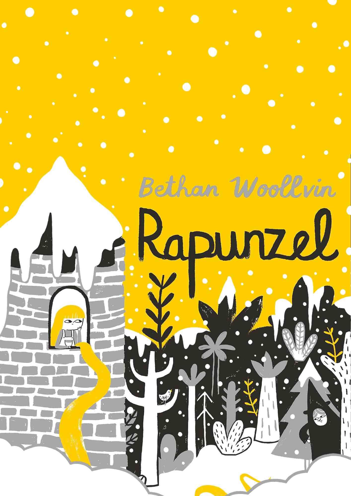 Illustrated Rapunzel book cover showing a snow-covered tower, a winter forest and Rapunzel's long golden hair against a bright yellow sky.