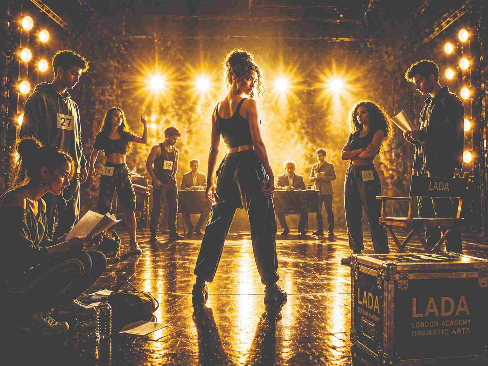 A group of performers audition on a brightly lit stage, with a central dancer standing confidently while others watch, read scripts, and judges observe from a table behind.
