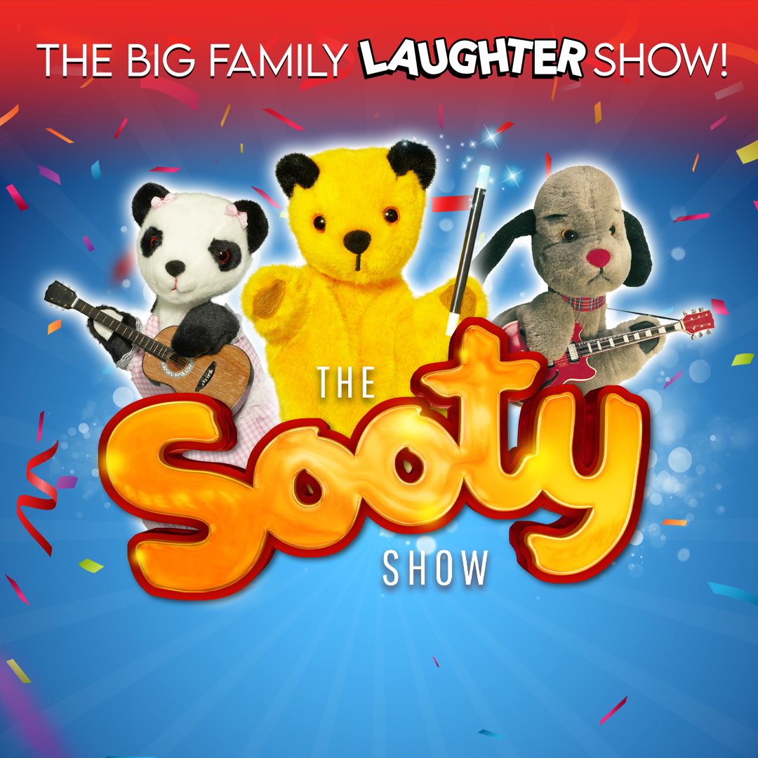 Promotional image for The Sooty Show: The Big Family Laughter Show! featuring puppets Soo, Sooty, and Sweep against a colourful blue and red background with confetti.