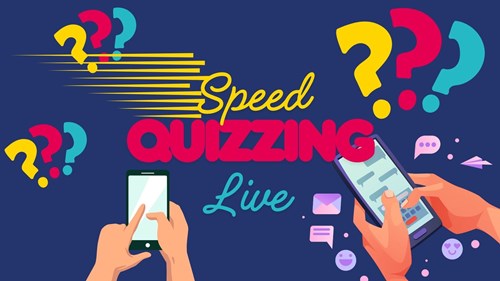 Colourful promotional graphic for ‘Speed Quizzing Live’. The words ‘Speed’ in yellow script and ‘Quizzing’ in bold pink letters with ‘Live’ in teal beneath. Bright question marks in yellow, pink, red, and teal are scattered across a dark blue background. Two illustrated hands hold smartphones at the bottom of the image, with chat icons floating nearby.